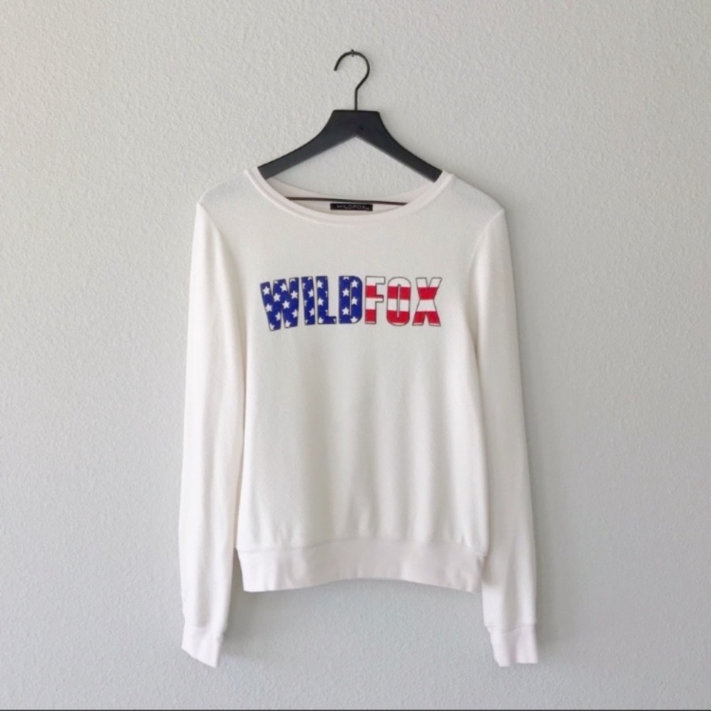 Wildfox White light weight Crewneck Sweatshirt with American Flag Logo small